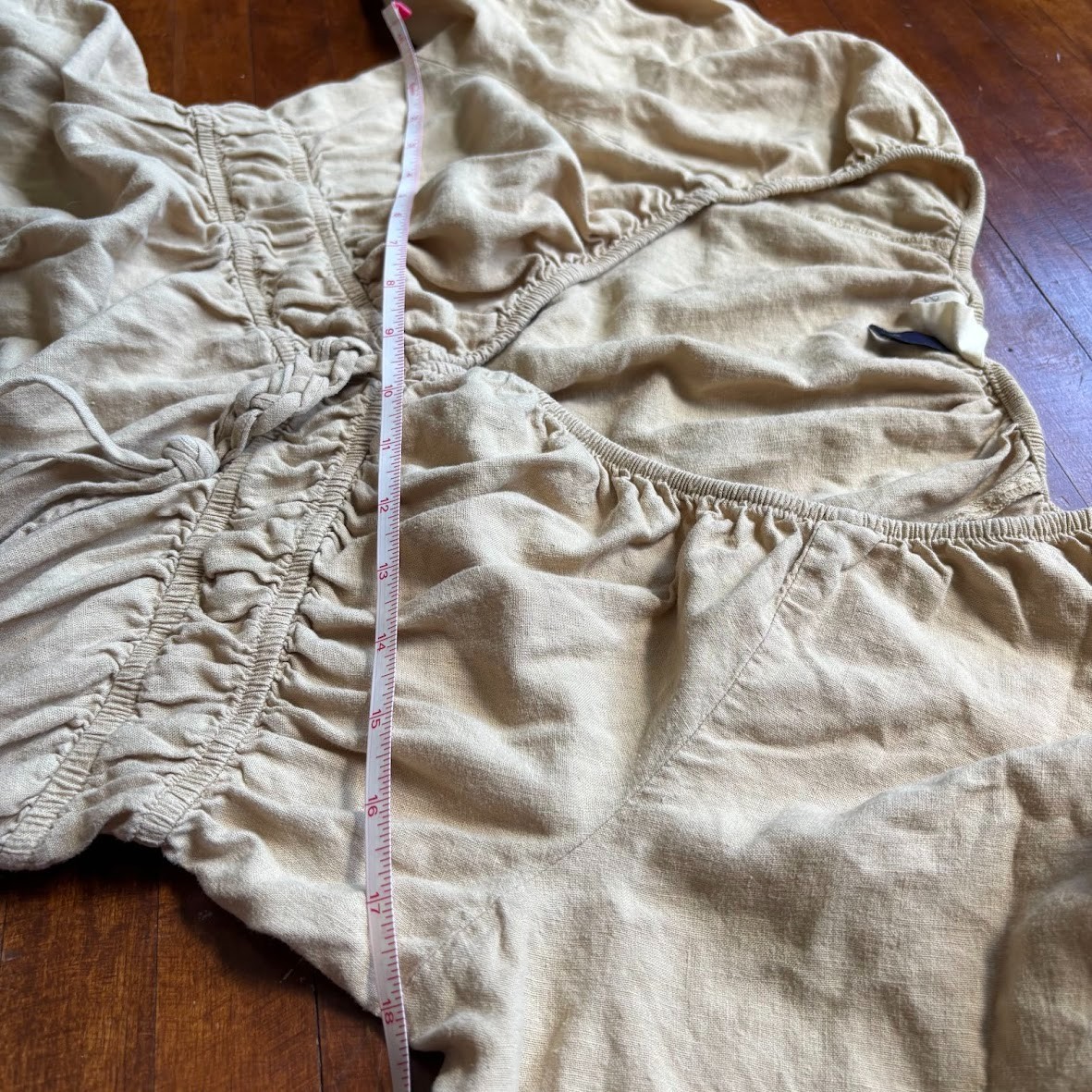 LINEN Blend Boho Cottage Midi Dress Medium M Smocked Beige Khaki Peasant Travel