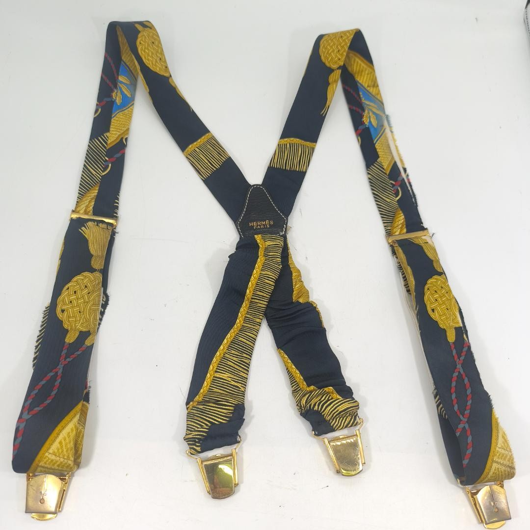 Hermes Paris Silk Suspenders Black Multicolor All Over Pattern Length 82cm w/Box