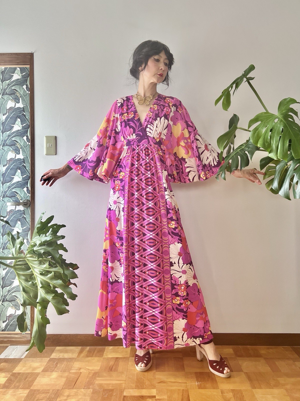 1970s Mr. B of California Psychedelic Floral Wing Sleeve Caftan Dress Maxi Gown