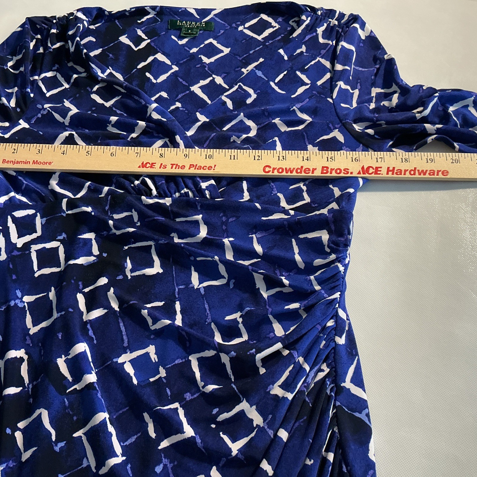 Lauren Ralph Lauren Blue White Geometric Faux Wrap Ruched Sheath Dress Size 8