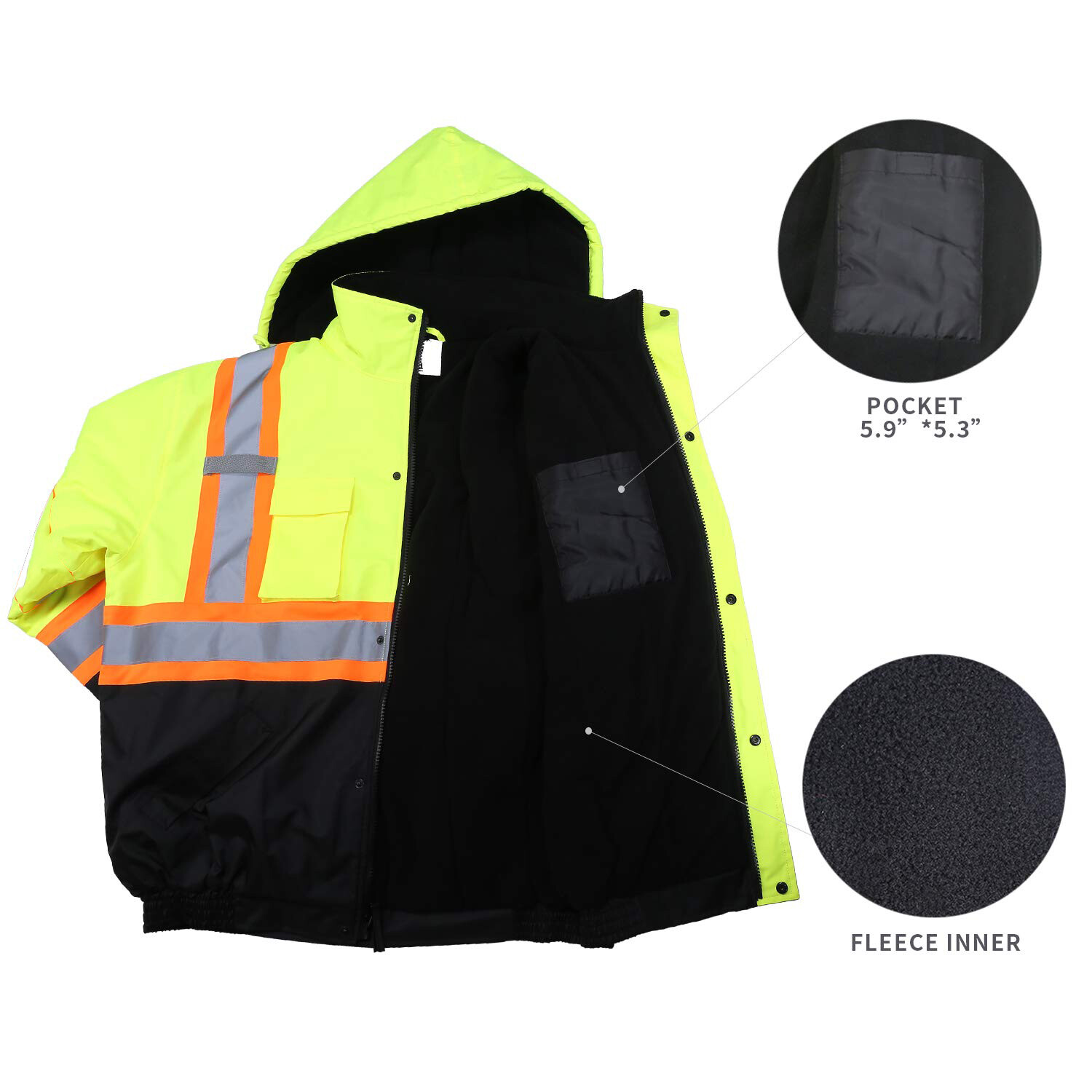 Hi Vis Class 3 Insulated Safety Jacket Bomber Jacket Coat Fleece Reflective