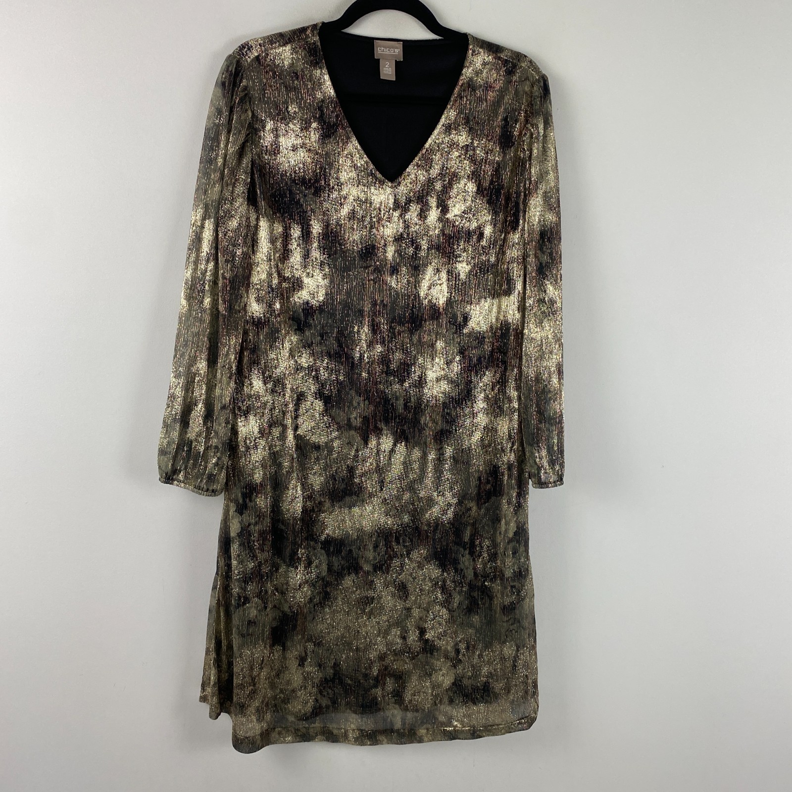 Chicos Shimmer Floral Shift Dress Size 2 US Large Bracelet Sleeves V Neck