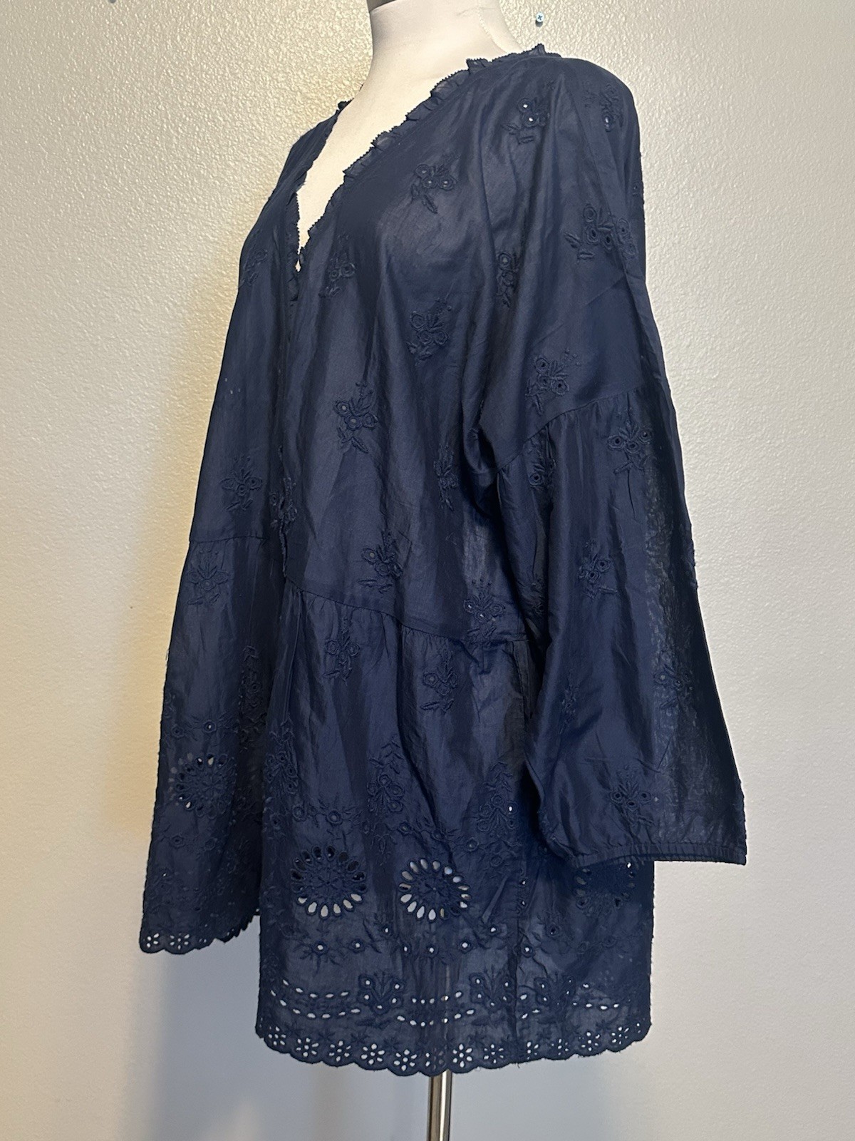 NWT J.JILL Everyday Blouse 3/4 Sleeve Peplum Ruffle V Neck Navy Eyelet Women XLT