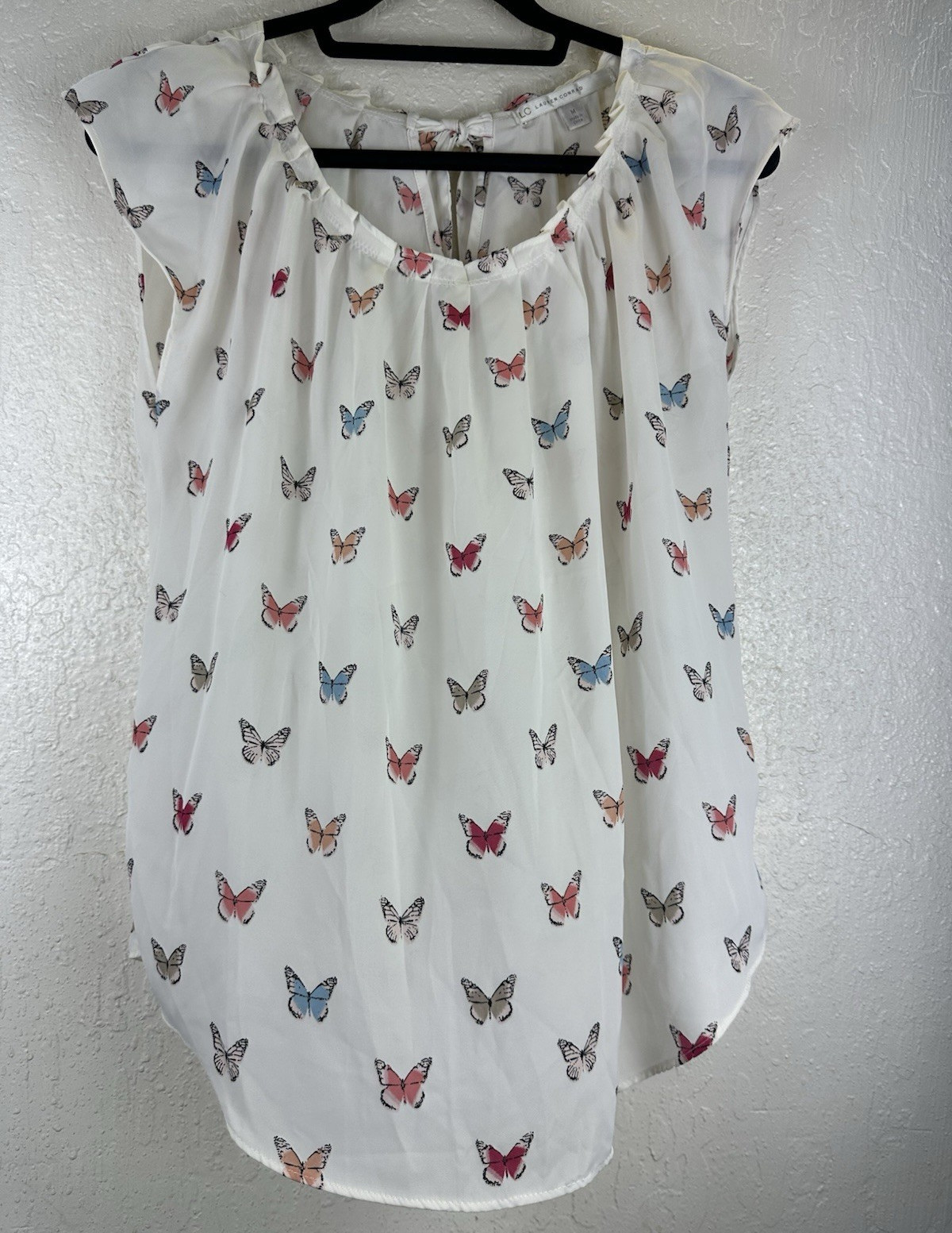 LC Lauren Conrad women’s M white butterfly chiffon sheer tie neck blouse top