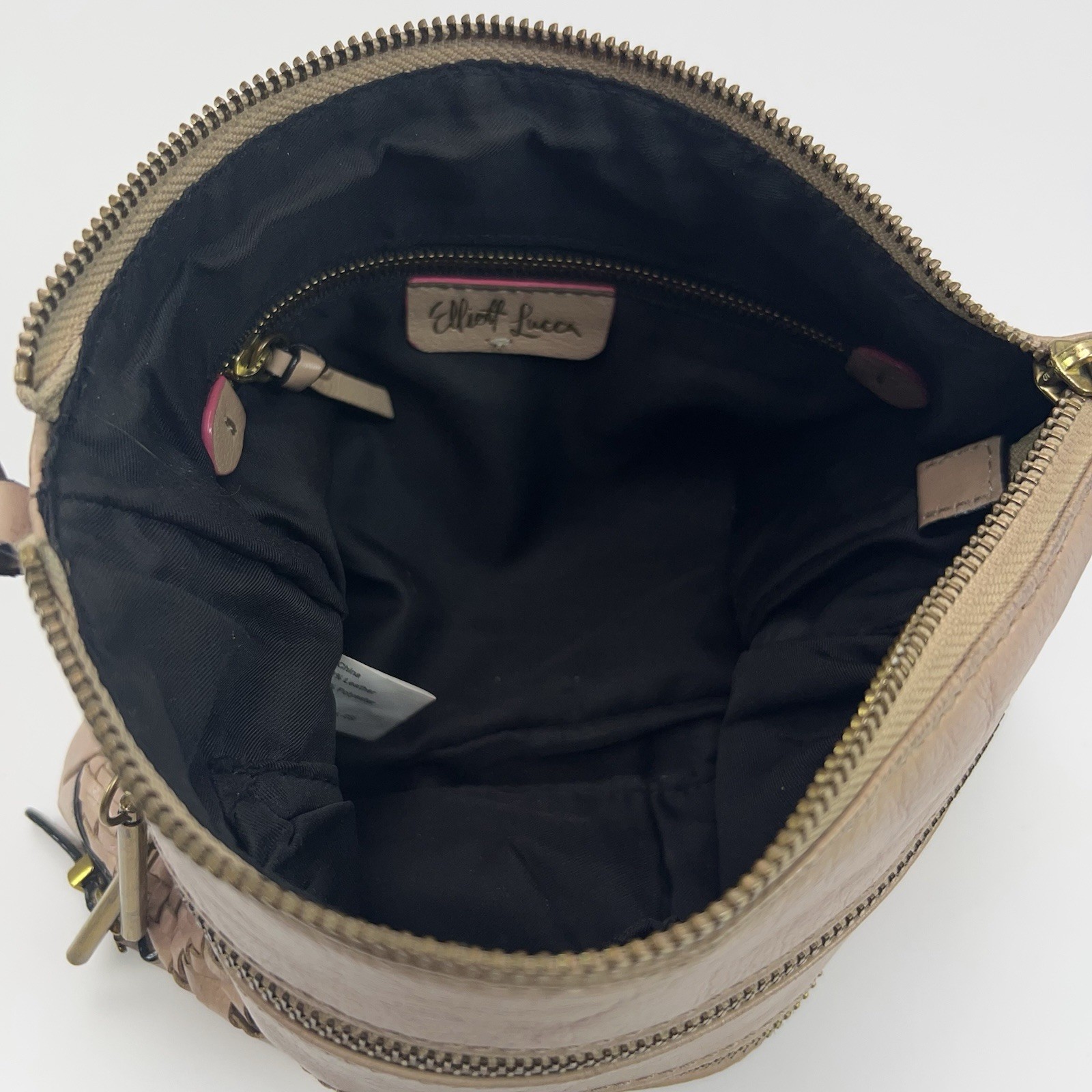 ELLIOTT LUCCA Messina Leather Crossbody Bag 3 Zip Basket Weave Purse Boho Nude