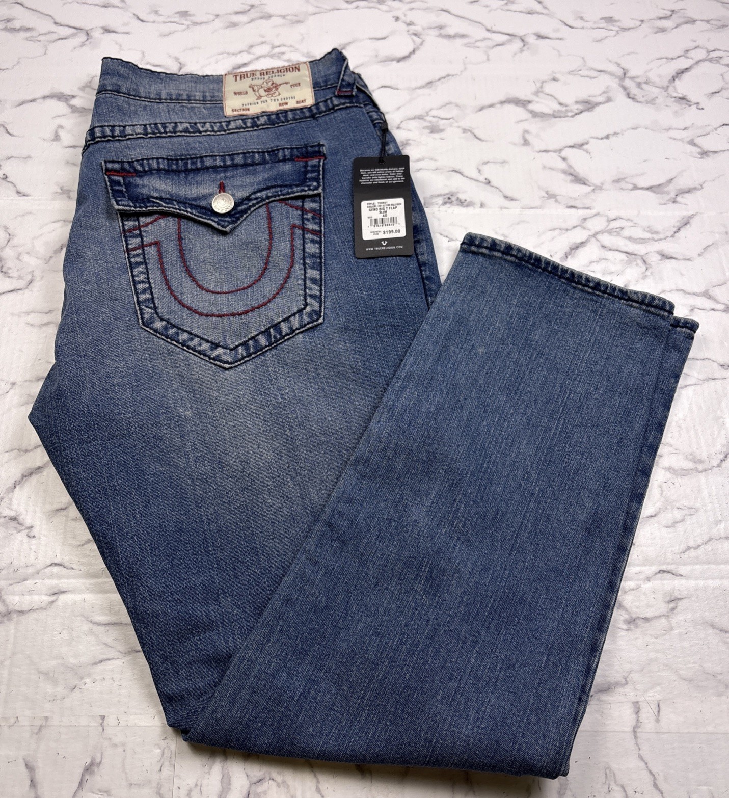 NEW True Religion Jeans GENO Big T Flap Red Trim Relaxed Slim 40×32 Blue Wash