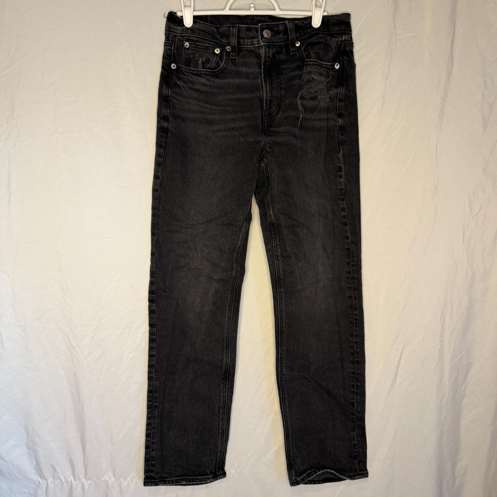 American Eagle Jeans Sz 2 Black Womens Stovepipe Baggy Denim Stretch Fray Hem