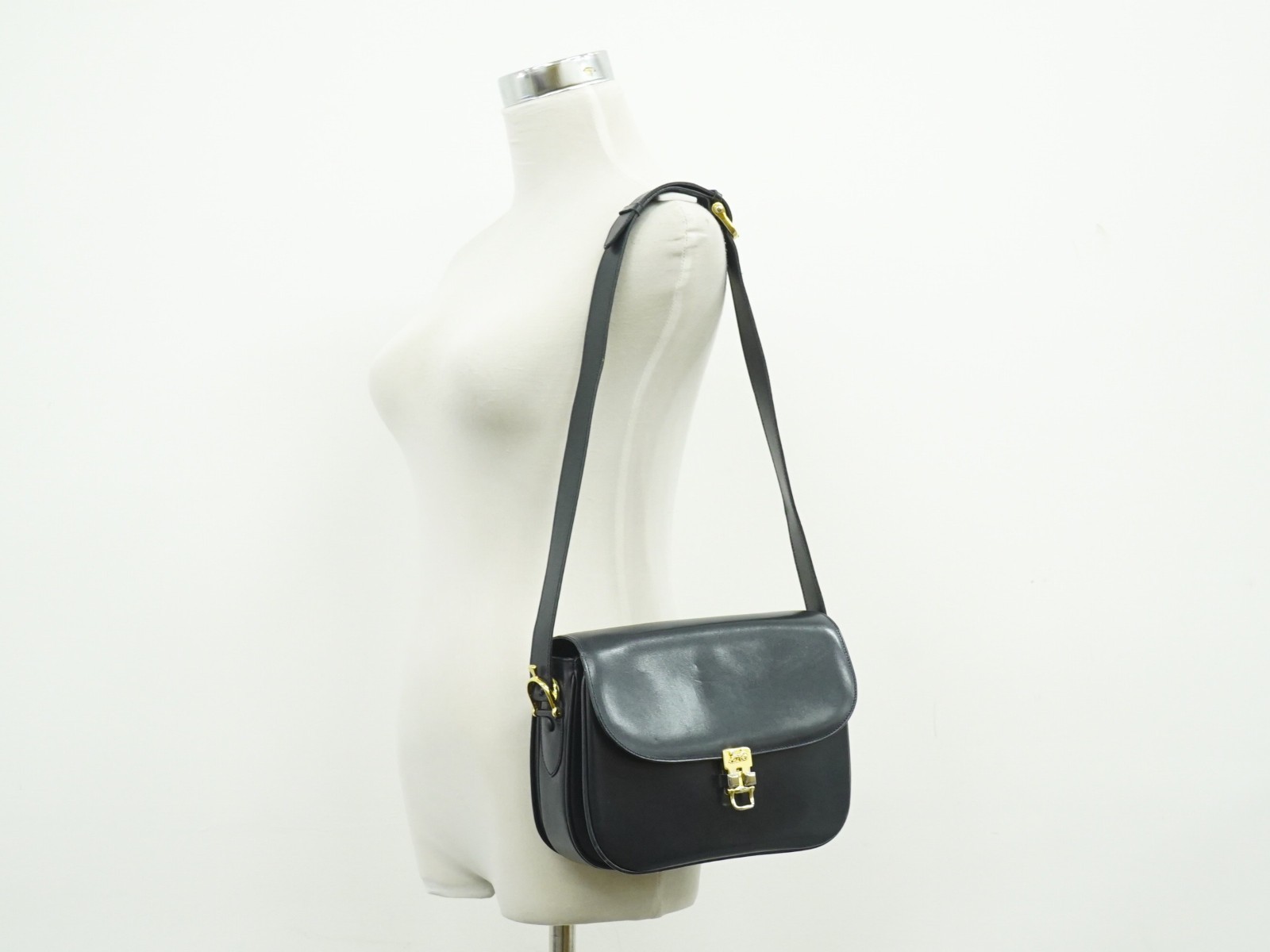 CELINE Horse Carriage Hardware Leather Shoulder Bag Navy Gold