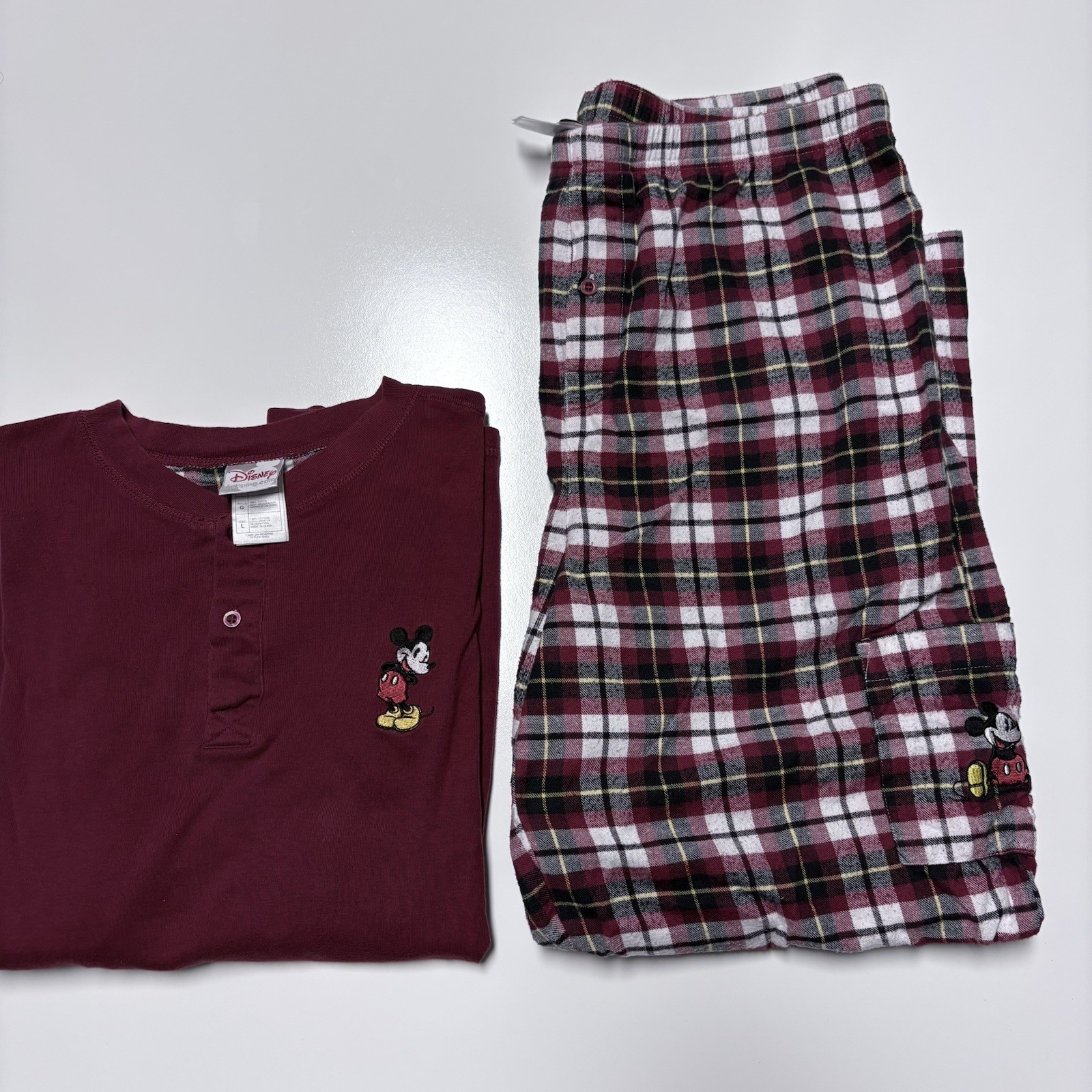 Disney Store Mickey unisx L 2pc Burgundy Cotton Flannel Plaid Pajama Set Pockets