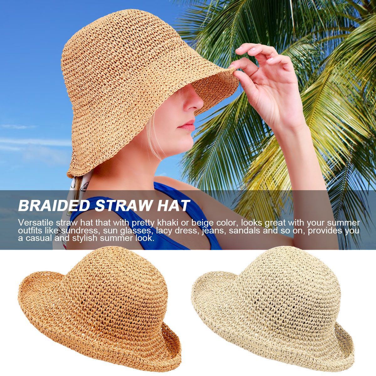 Summer Ladies Sun Beach Straw Hat Floppy Foldable Wide Brim Womens Gardening