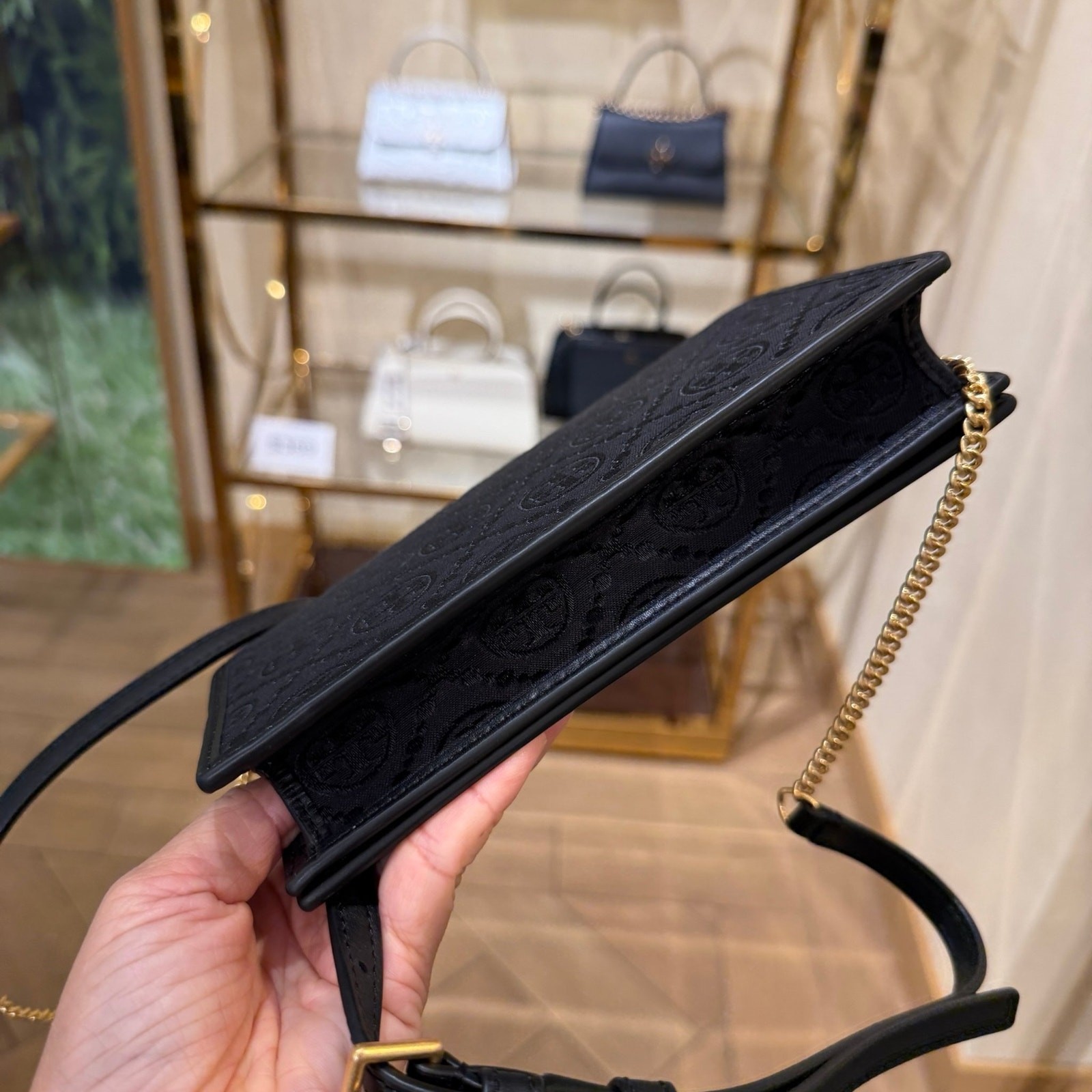 TORY BURCH T Monogram Chain Wallet Crossbody 160487 Black $390