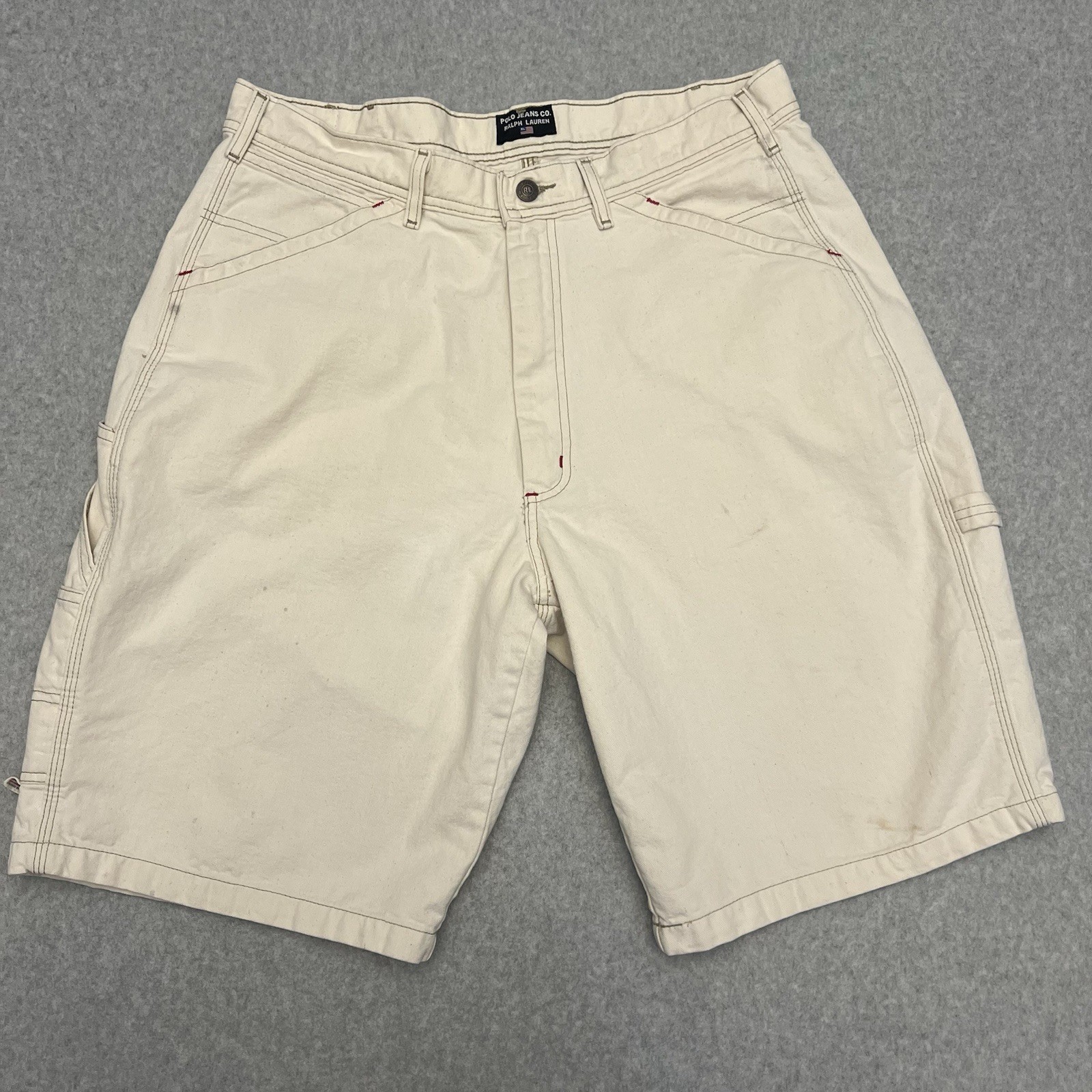 Polo Jeans Shorts Men’s 34 Beige Carpenter Hammer Loop Baggy Wide Leg Flag Logo