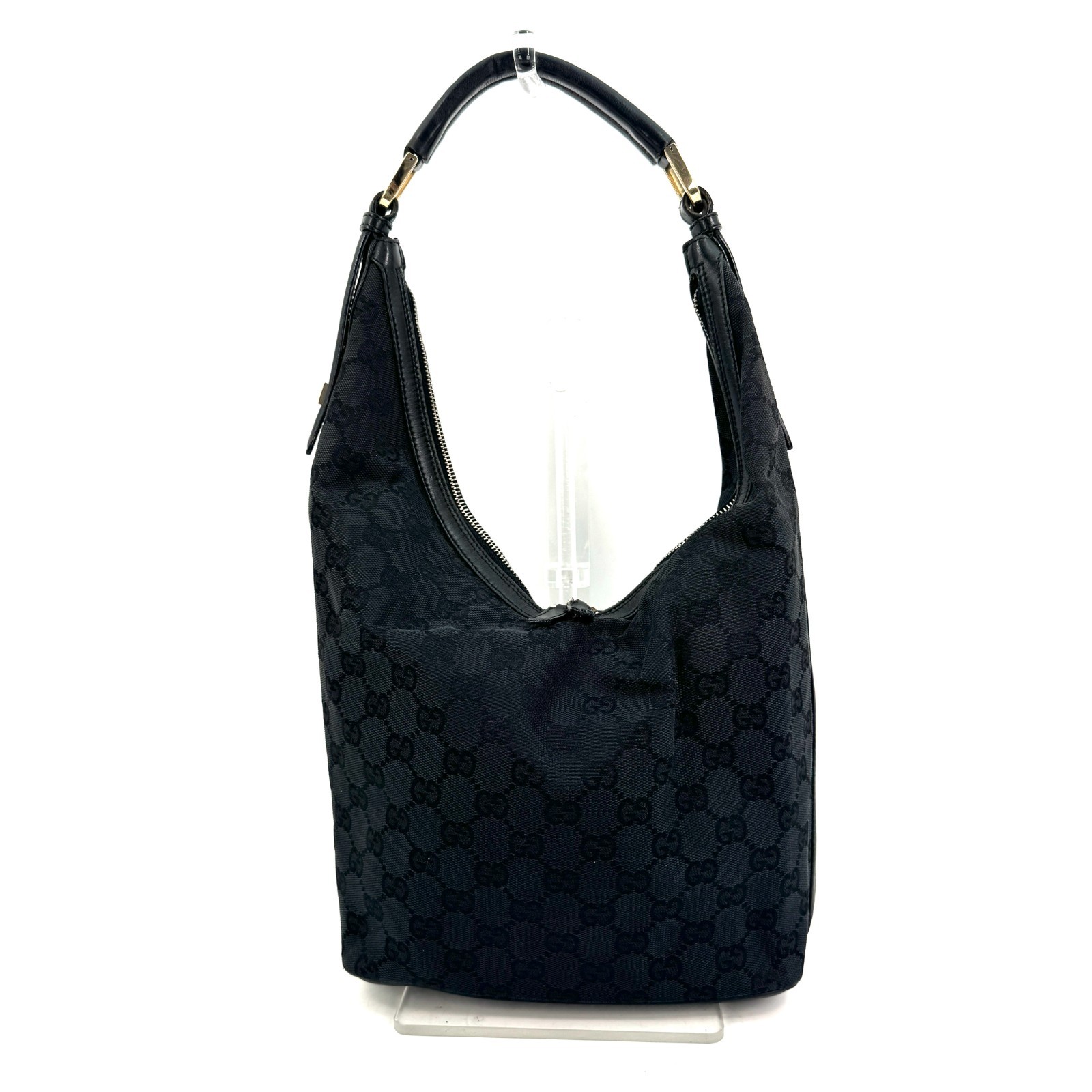 Gucci Hobo Shoulder Bag GG Canvas Black Authentic 504T0455