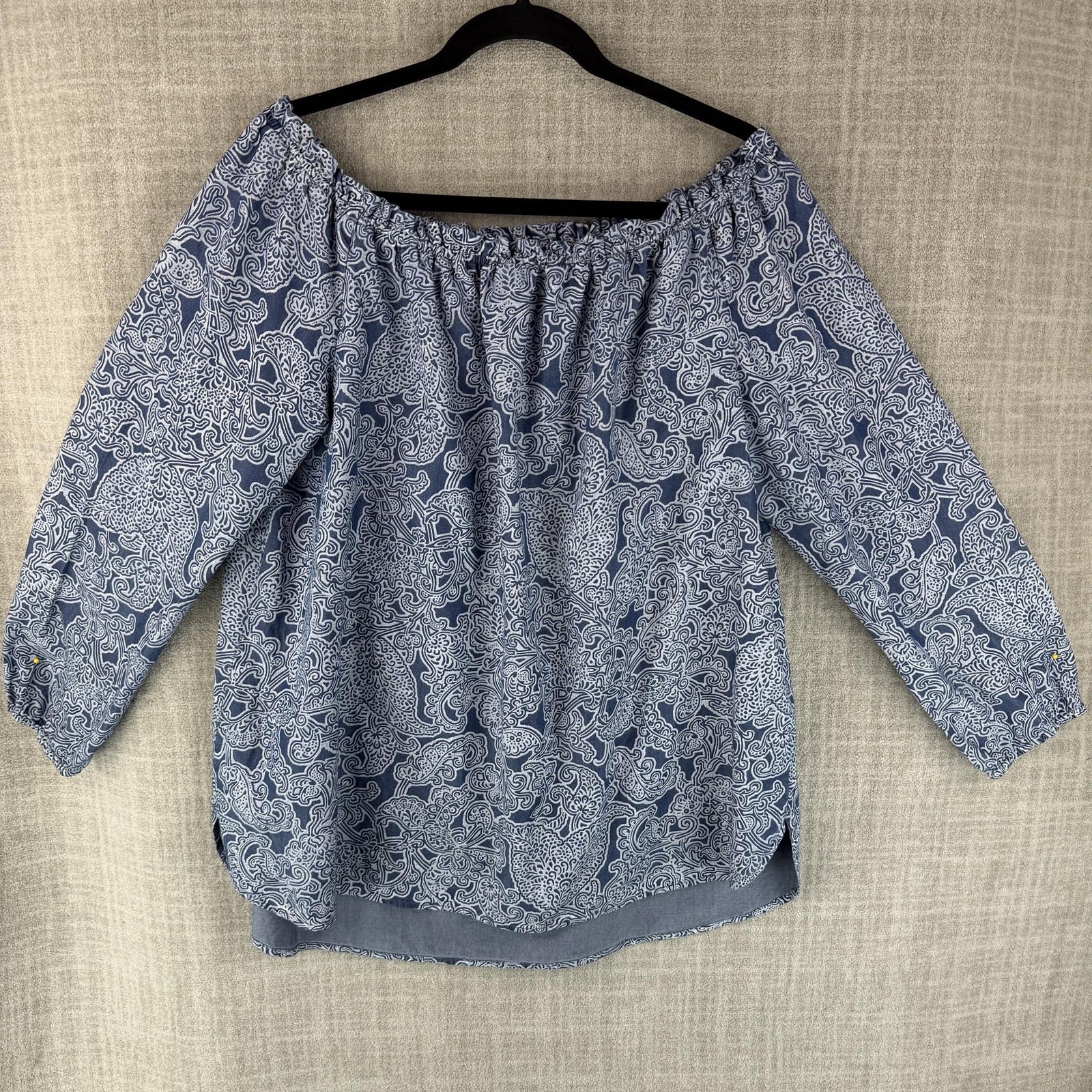 Jones New York Blouse Womens L Blue Paisley Tunic Off Shoulder 3/4 Sleeve