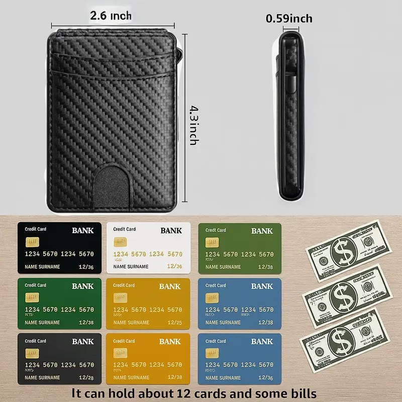 RFID Blocking Carbon Fiber Wallet, Pop Up Card Holder Slim Bifold, Money Clip