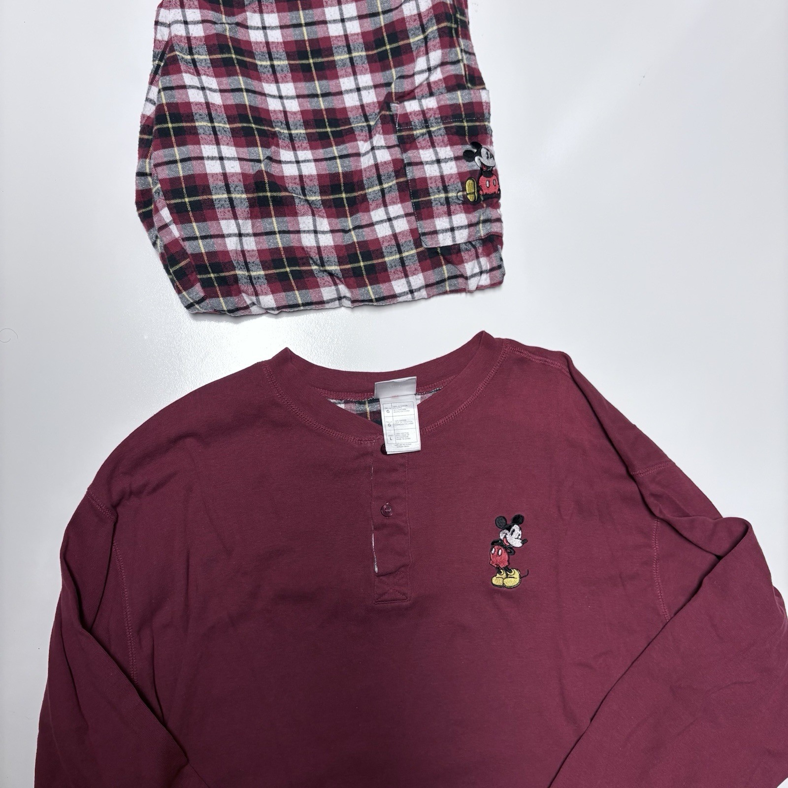 Disney Store Mickey unisx L 2pc Burgundy Cotton Flannel Plaid Pajama Set Pockets