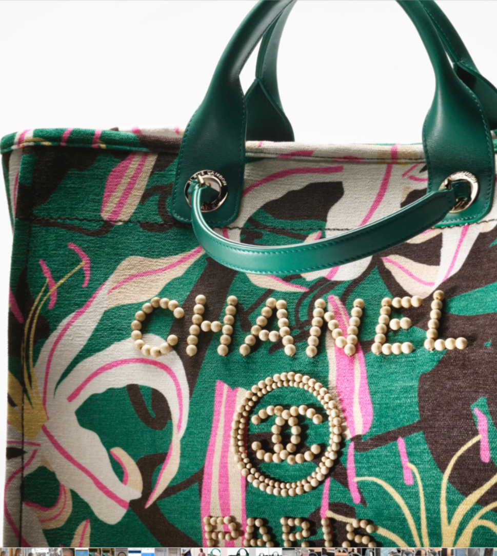 New 23A CHANEL LARGE Shopping Deauville Tote Pink Lilly Green Black + Pouch Bag
