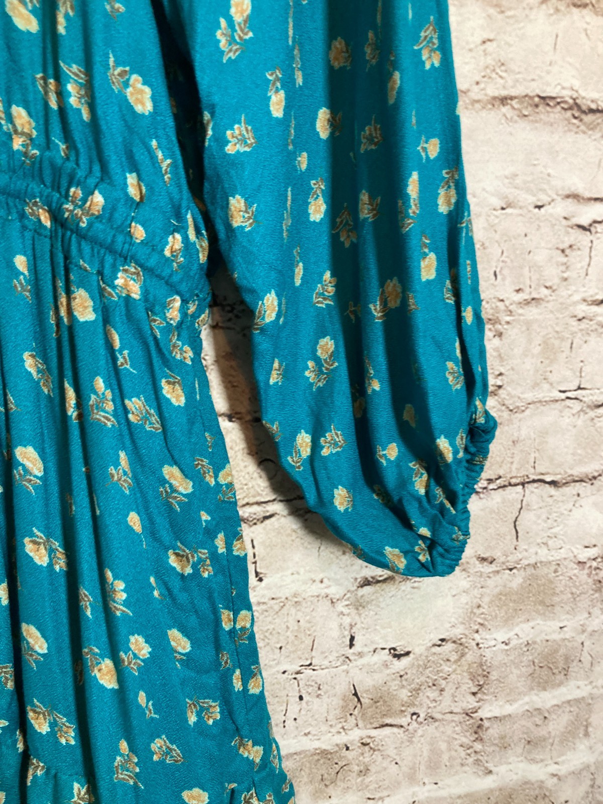 Angie Boho Dress Womens Medium Dark Teal Ditsy Floral Balloon Sleeve Hippie
