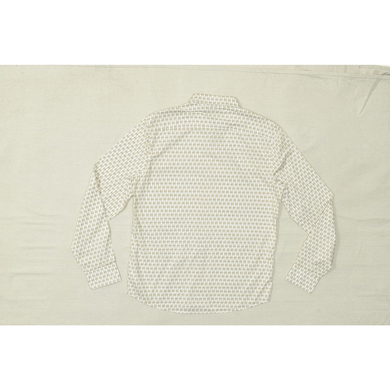 Michael Kors Mens Large Slim Fit Button Down Shirt White Brown MK Monogram Logo