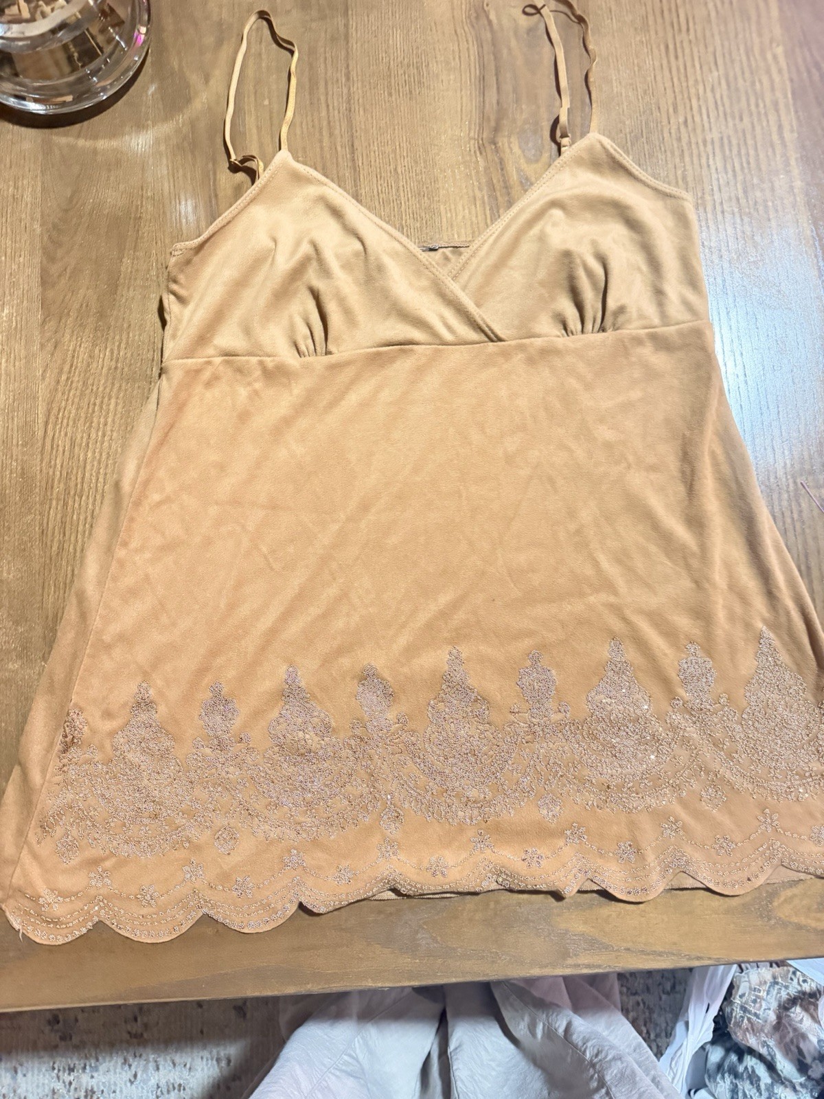 Y2K Glitter Embroidered Scalloped Hem Cami Tank Top Camisole Beige Tan