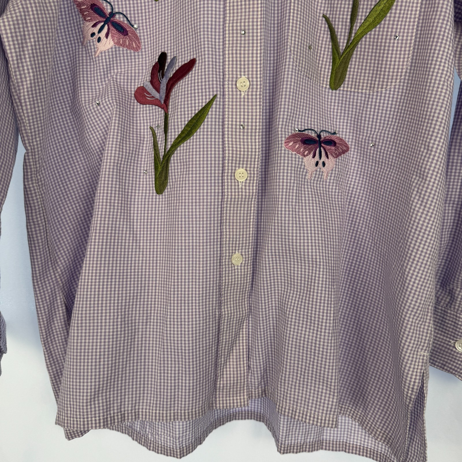 MILI DESIGNS Embroidered Blouse Top Womens Purple S Gingham Check Butterflies