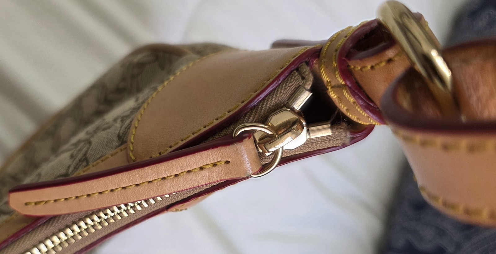 Dooney & Bourke Logo Crescent Small Shoulder Bag Tan/Burgundy NWOT