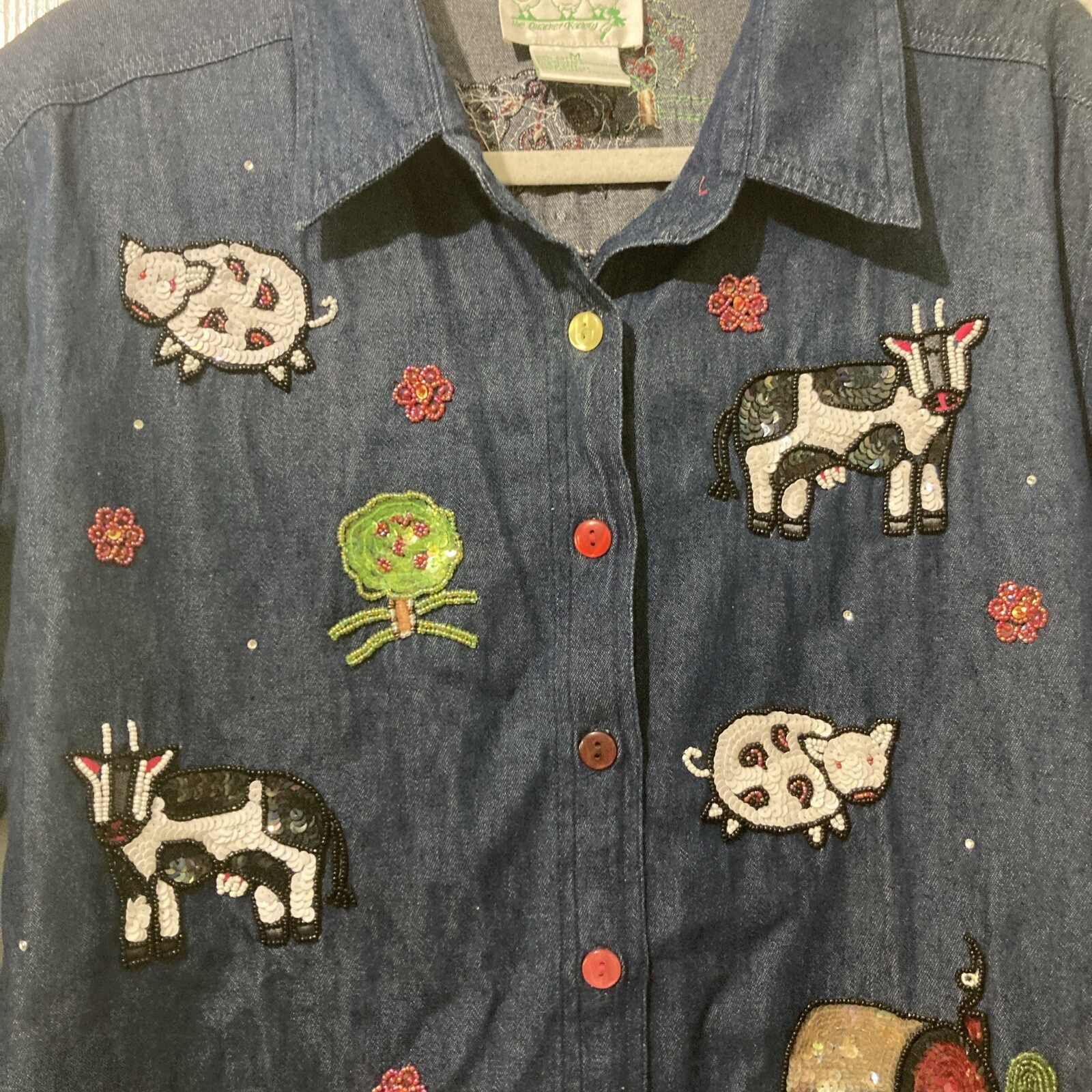 Quacker Factory Size Medium Farm Animals Button Up Shirt Beaded Sequin Chambray