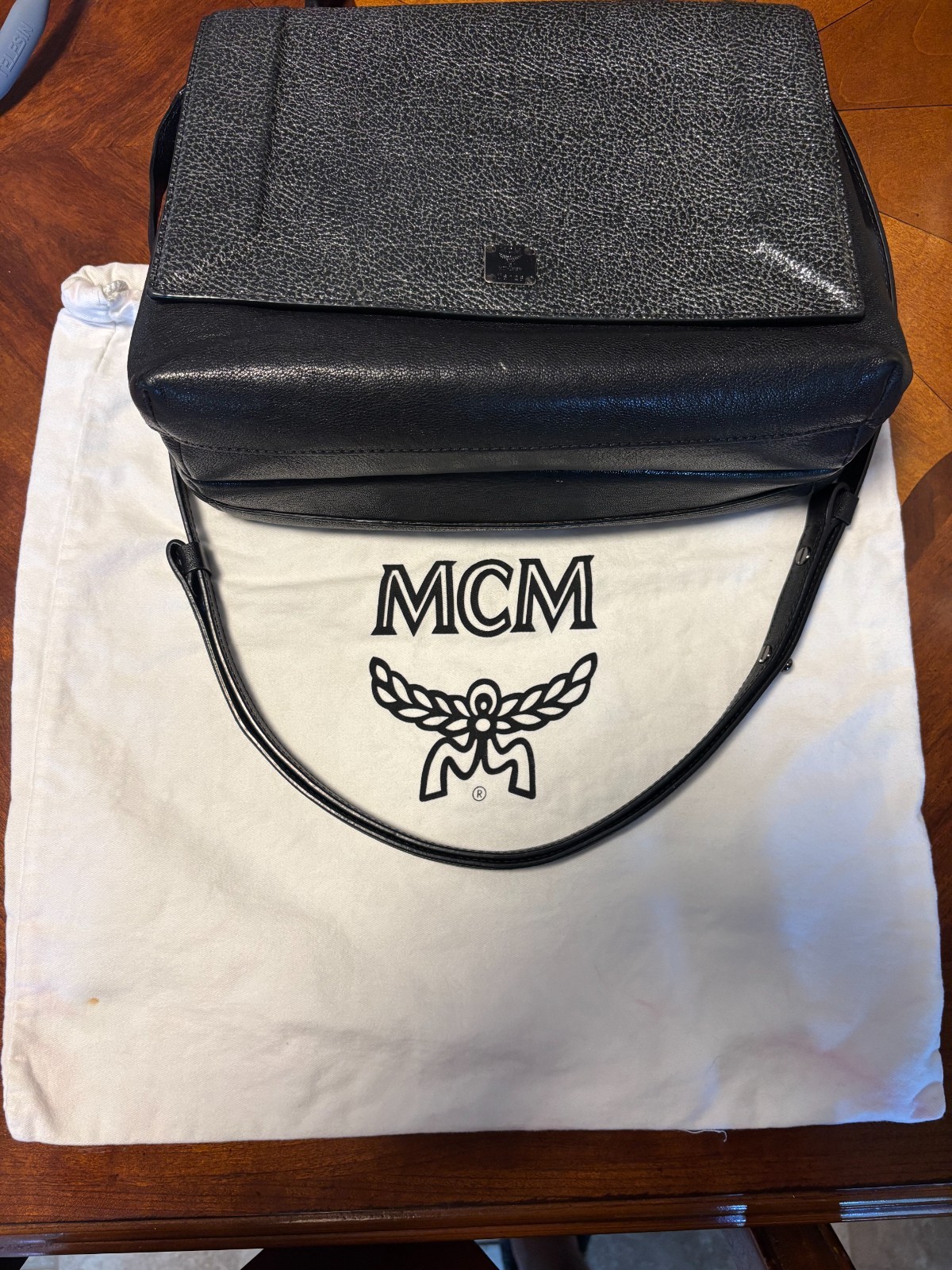 Authentic MCM Bicolor Medium Double Flap Top Handle Shoulder Bag Silver Black