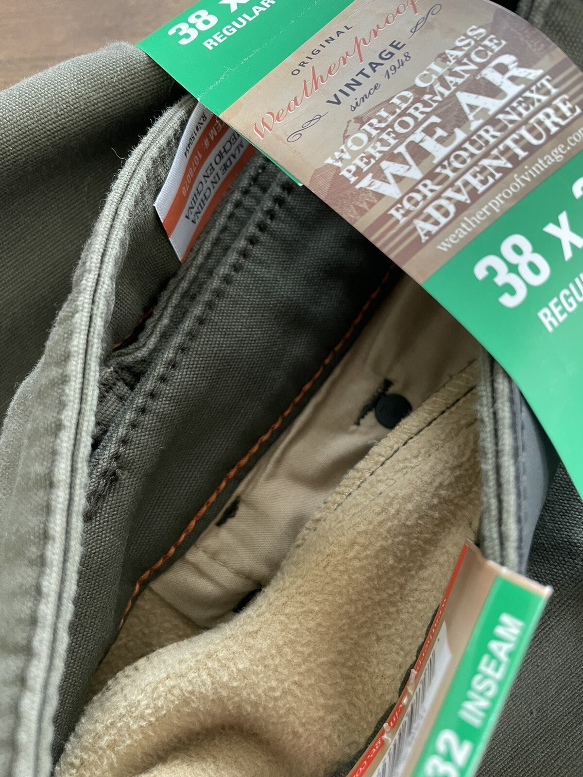 New Weatherproof Vintage Fleece Lined Stretch Canvas Style Olive Green W38L32