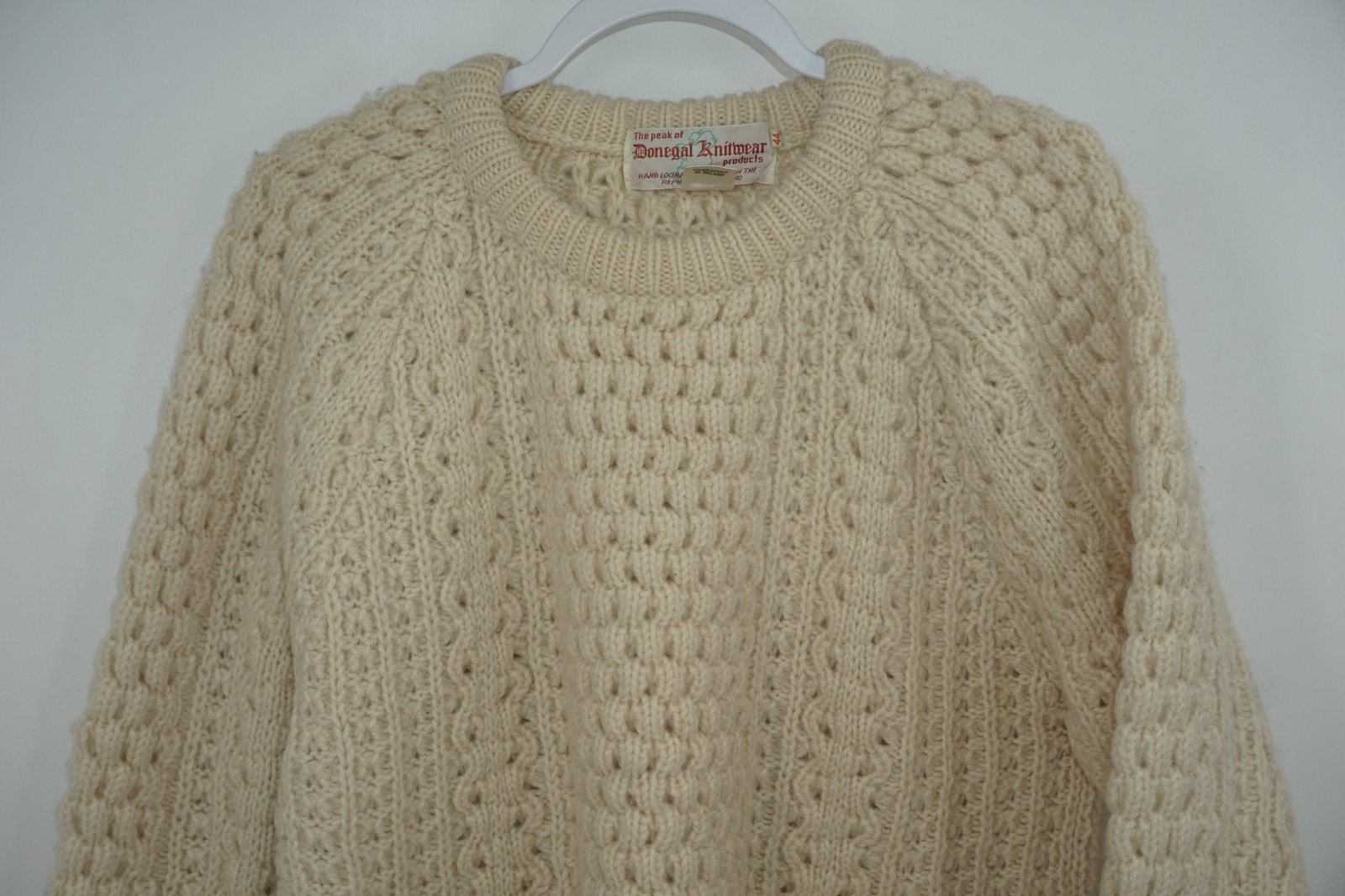 Donegal Knitwear Sweater Mens 44 Cream 100% Wool Aran Fisherman Cable Crew Irish