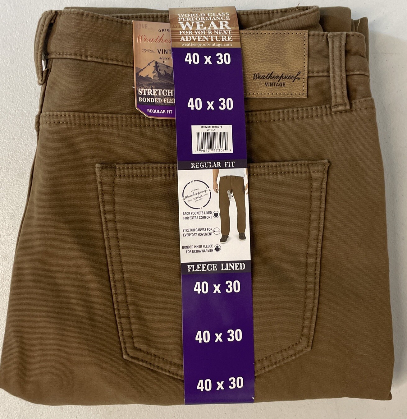 Weatherproof Vintage Men’s Fleece Lined Stretch Canvas Pant 40×30 BROWN Regular