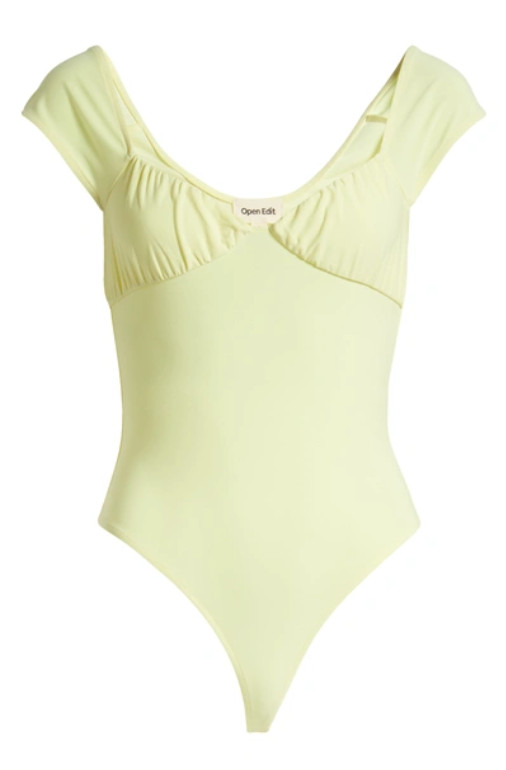 Open Edit Shirred Cap Sleeve Bodysuit Yellow Lemonade L NEW NWT N195