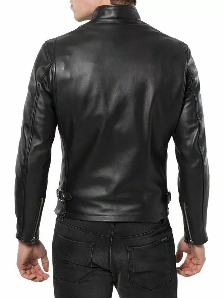 Cafe Racer Retro Men’s Motorcycle Biker Leather Jacket Black Real Sheepskin