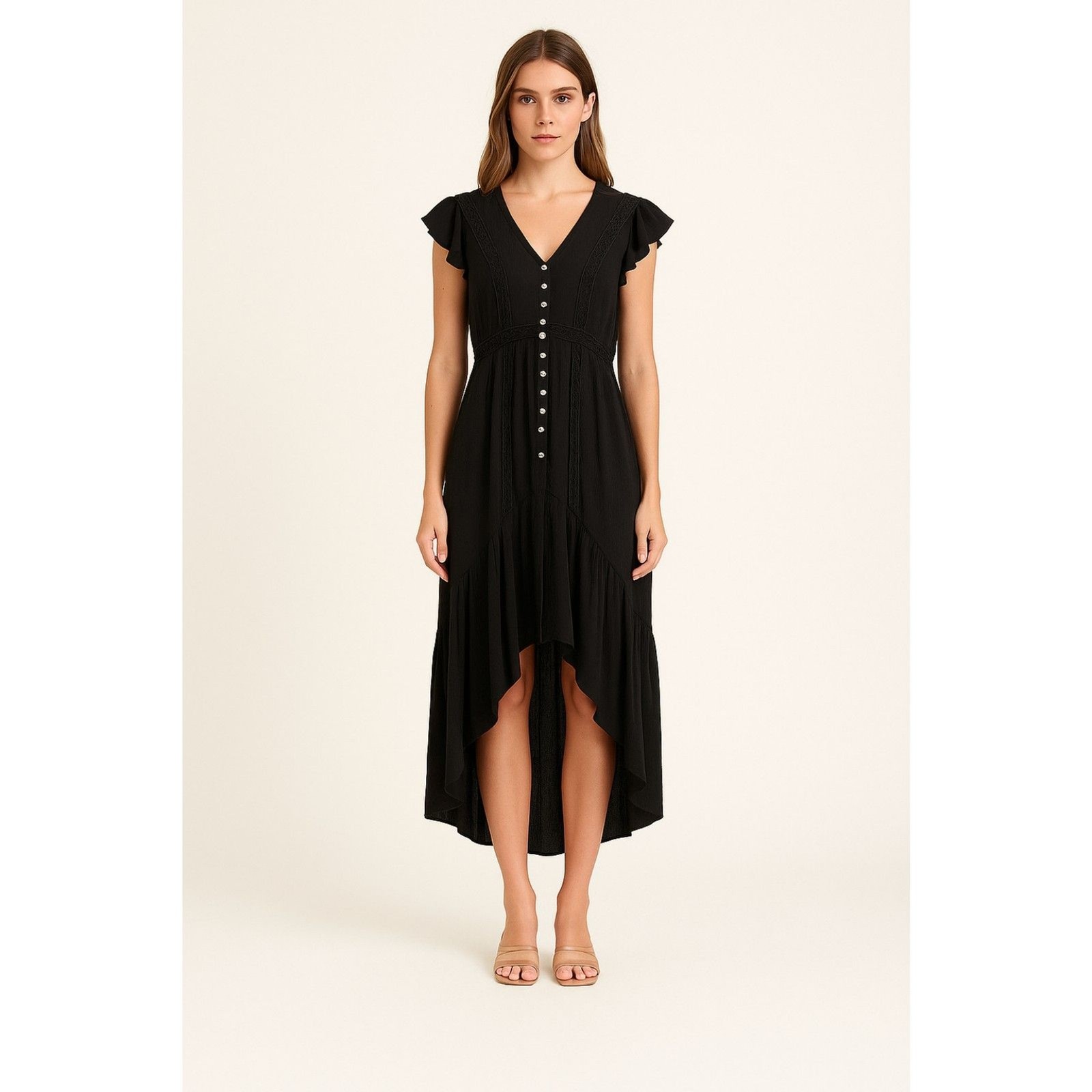 The Clothing Company x VICI Black Flutter Sleeve High Low Maxi Dress M NWT