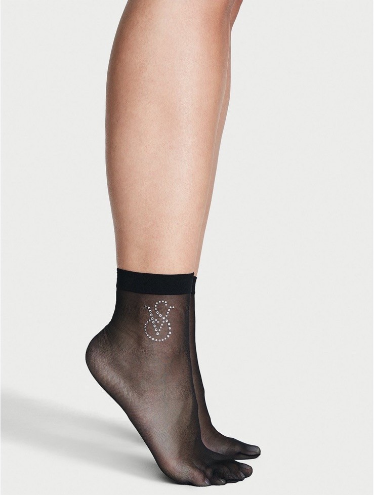 Delicate Victoria’s Secret Rhinestone Logo Sheer Ankle Socks Black S/M