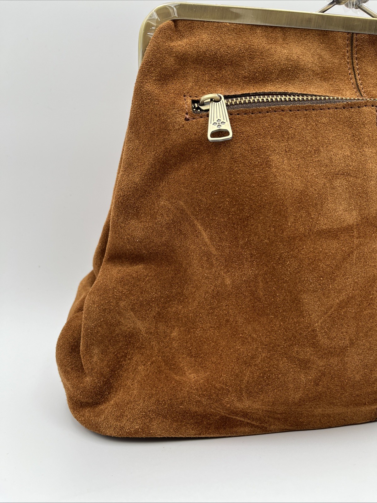 Patricia Nash Large Suede Serafina Frame Kiss-Lock Bag – Cognac Suede