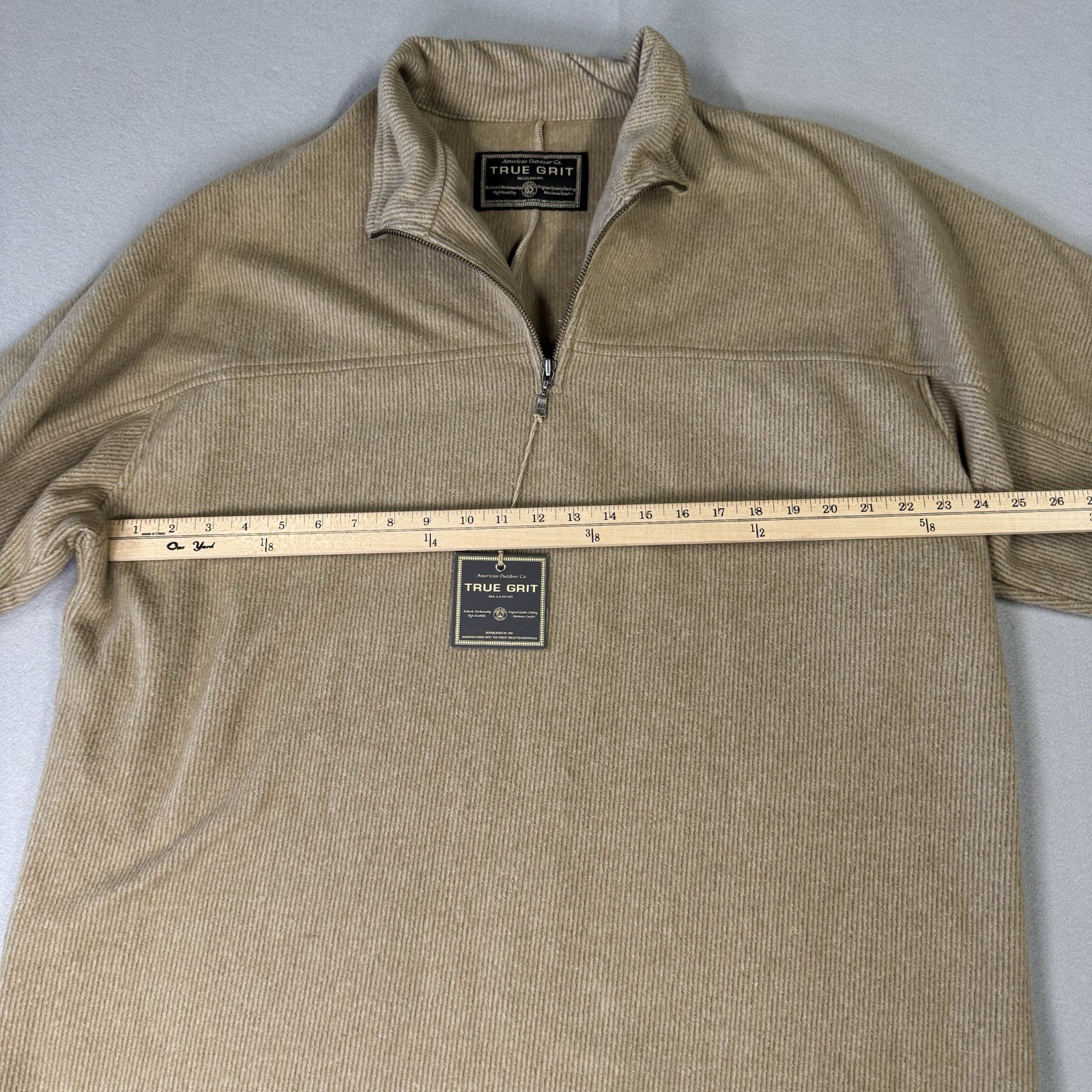 TRUE GRIT Mens XL 1/4 Zip Pullover Sweater Khaki Textured Casual Outdoor Soft