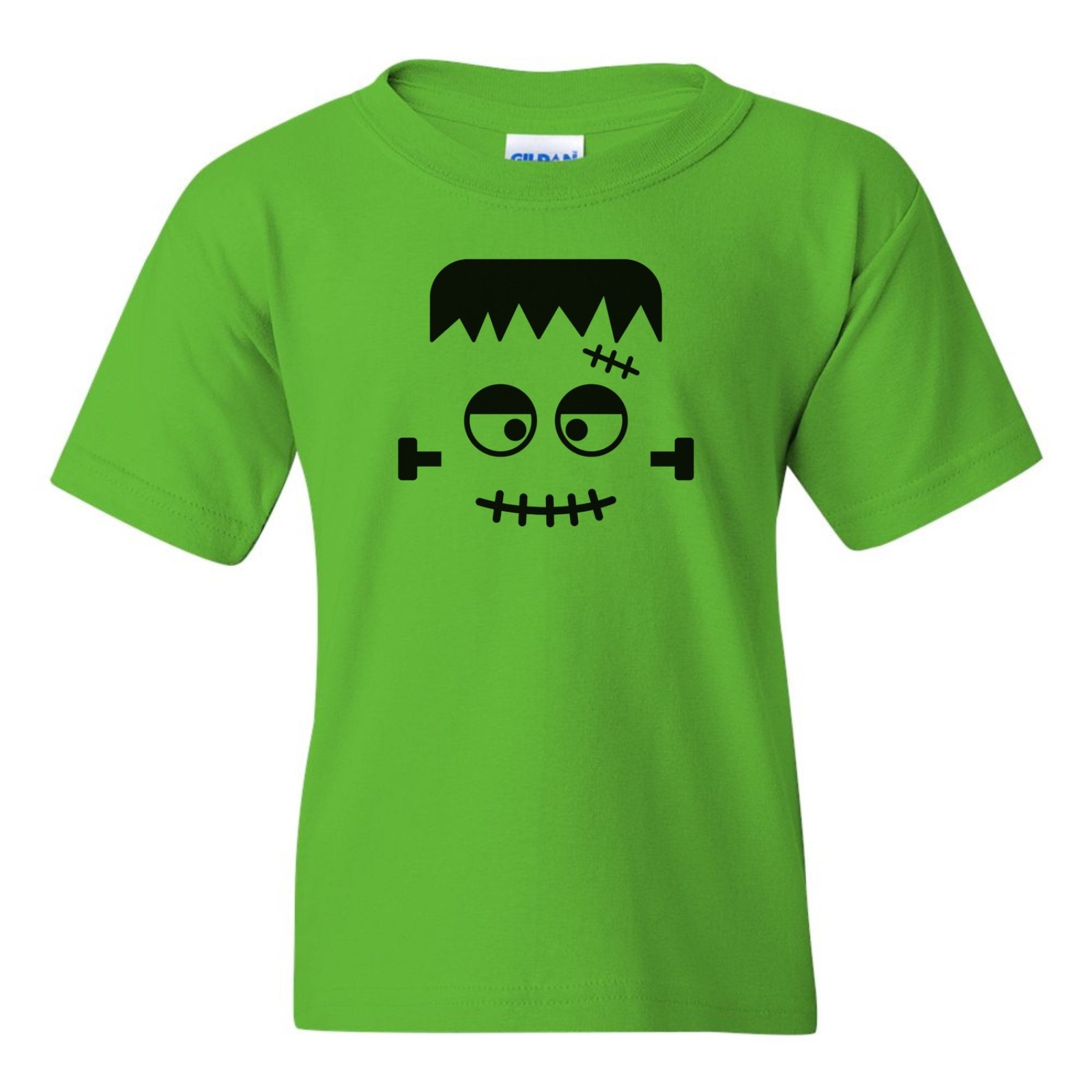 🎃 Youth Frankenstein Face T-Shirt – Gildan 5000B Electric Green – Halloween Tee
