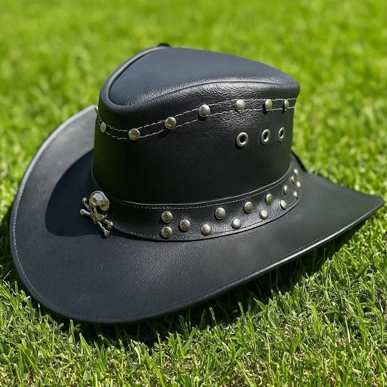 Handmade Black Leather Western Hat With Skull Studded Steampunk Cosplay Festival