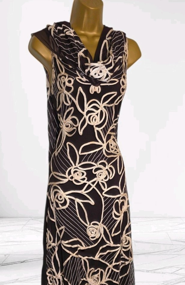 Phase Eight Brown & Cream Tapework Embroidered Occasion Dress + Shawl Size 12