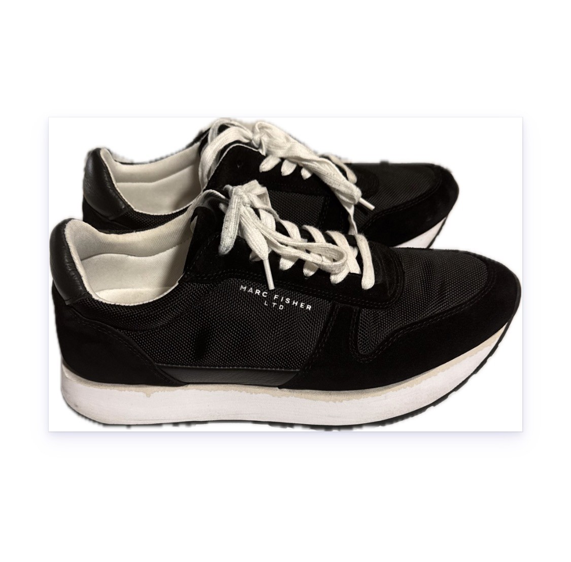 Marc Fisher LTD Fynn sneakers – black suede and mesh upper with white laces.S-10