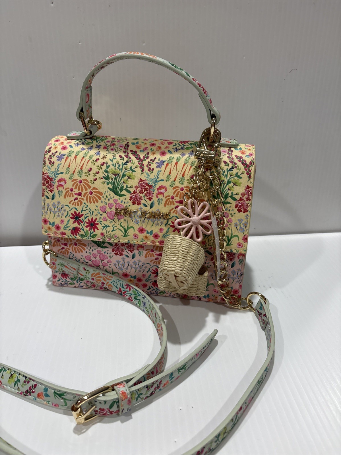 Betsey Johnson Spring Floral Yellow Bag Purse Crossbody Top Handle Basket charm