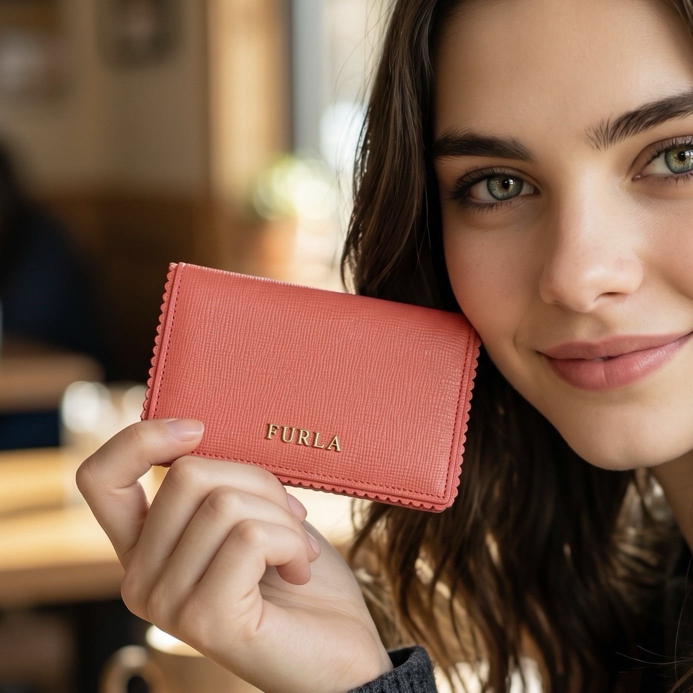FURLA Saffiano Leather Scallop Trim Business Card Holder Coral Pink Unused