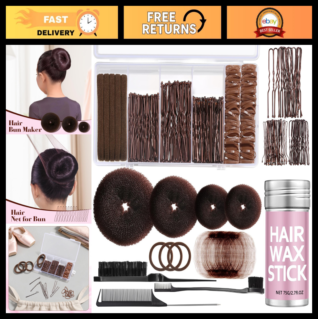 Hair Bun Maker Set – Donut Bun Tool, Bobby Pins, Hair Wax Stick & Net, Dark Brow