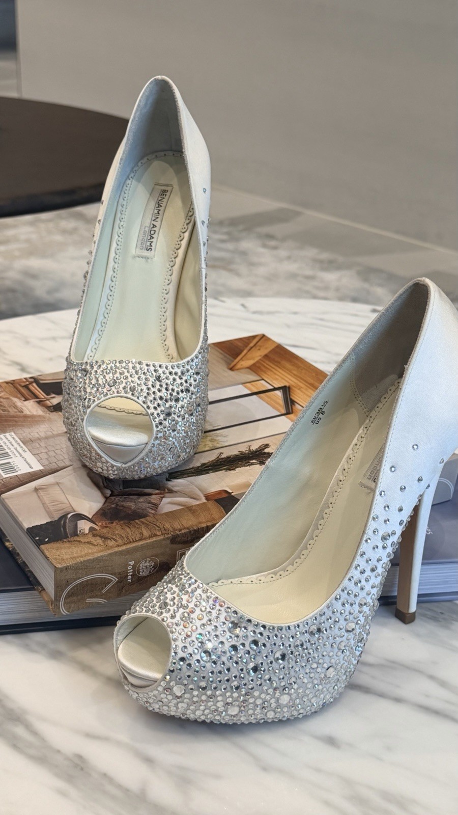 Benjamin Adams London ‘Vero Cuoio’ Crystal Heels – Satin Peep-Toe, Size 8