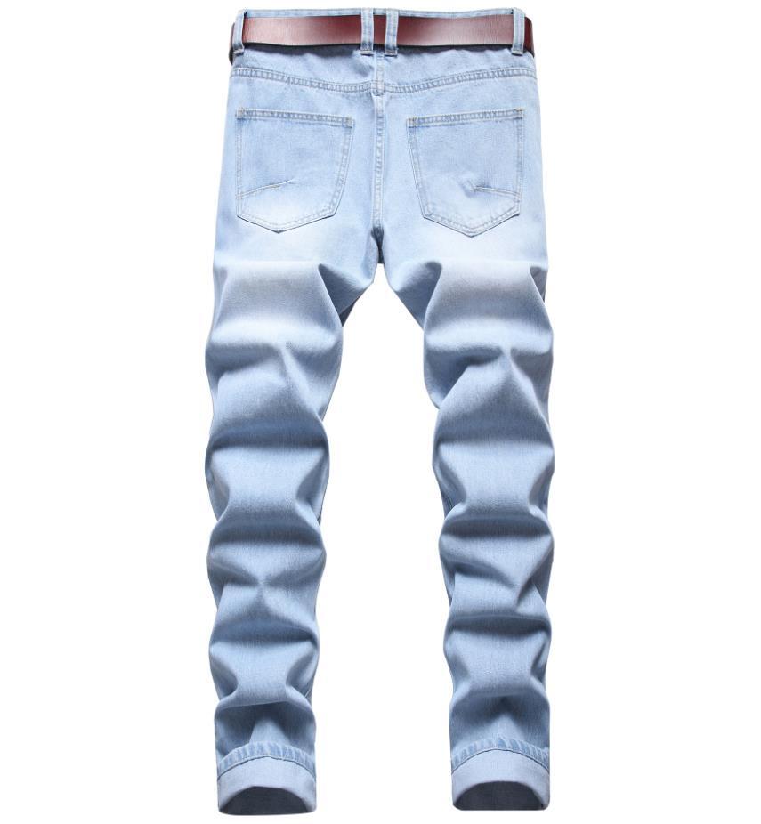 Men’s Light Blue Ripped Holes Straight Leg Casual Punk Hip Hop Pants Trousers