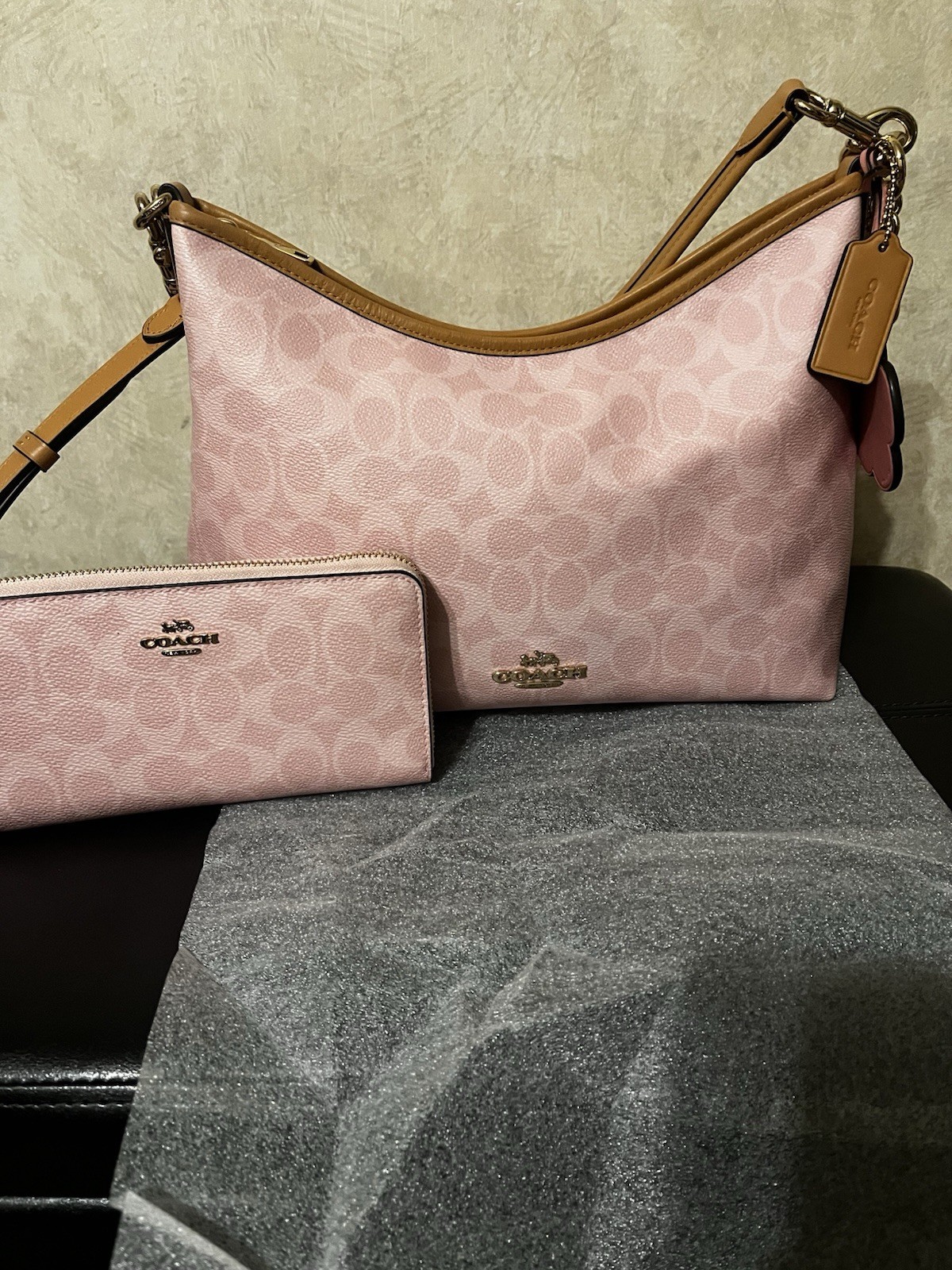 Coach Powder Pink Signature Logo Shoulder Bag w/ Charm &Coach Powder Pink Wallet