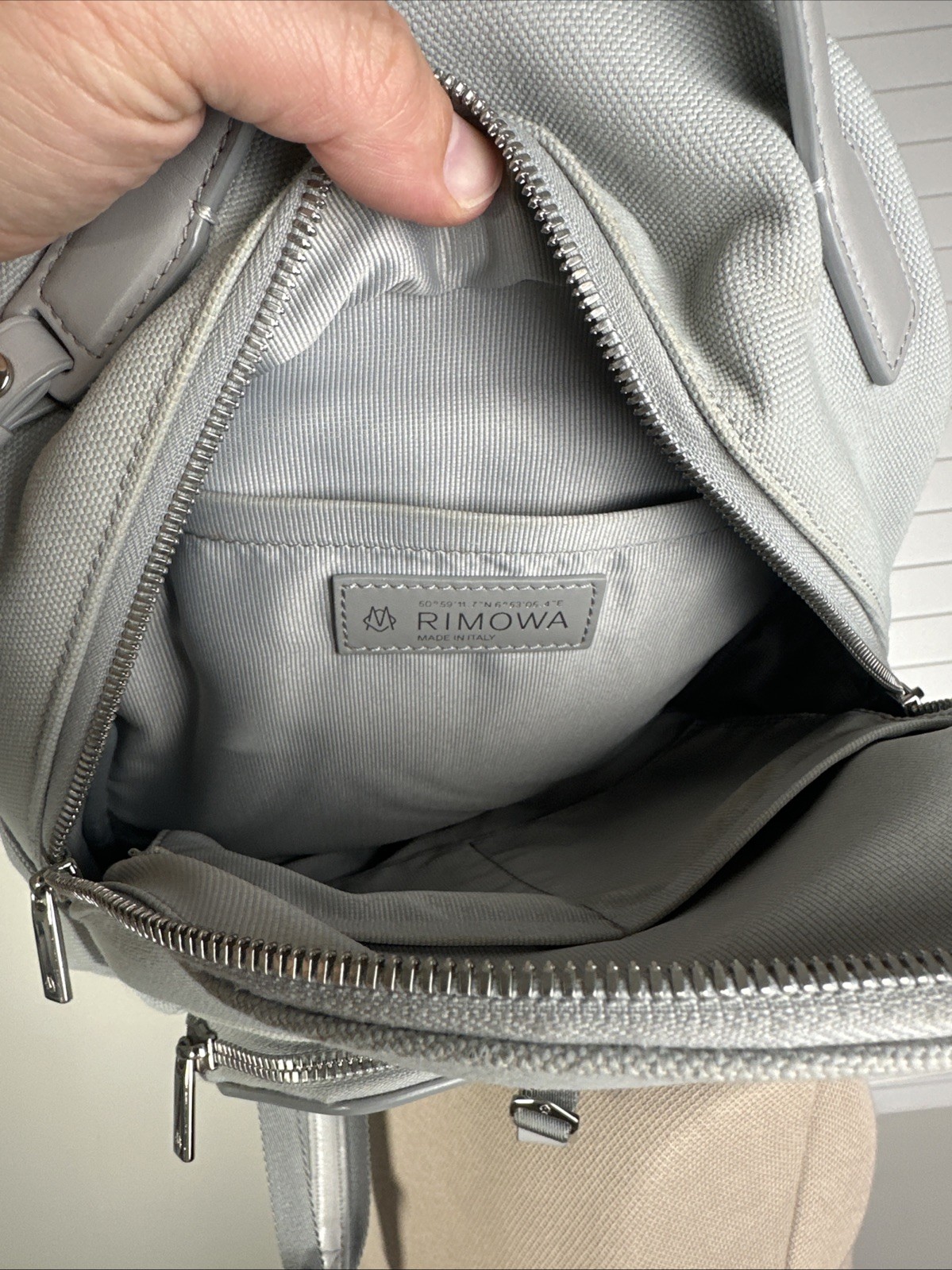 RIMOWA Never Still Canvas Mini Backpack Light Grey Silver Hardware Made In Italy