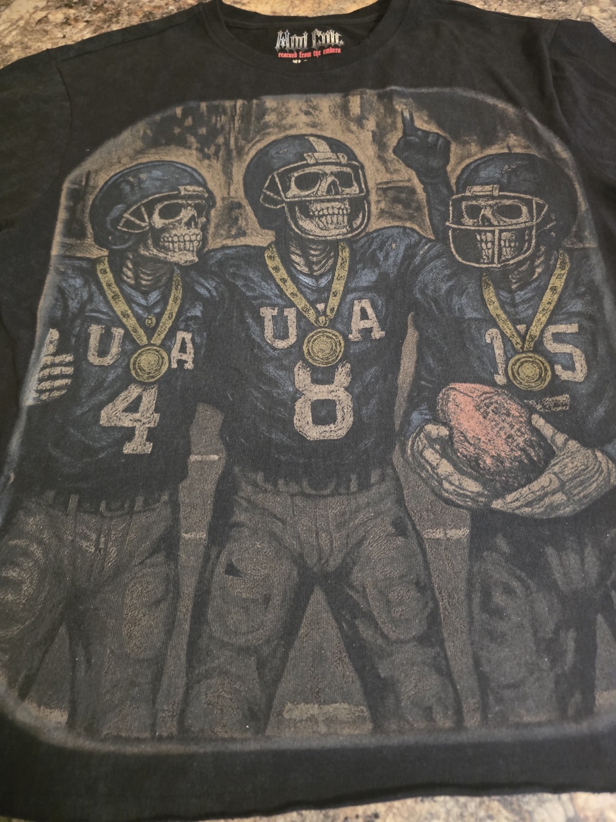 $78…Mod Cult “Football” size XL Distressed Heavyweight T-shirt Black.