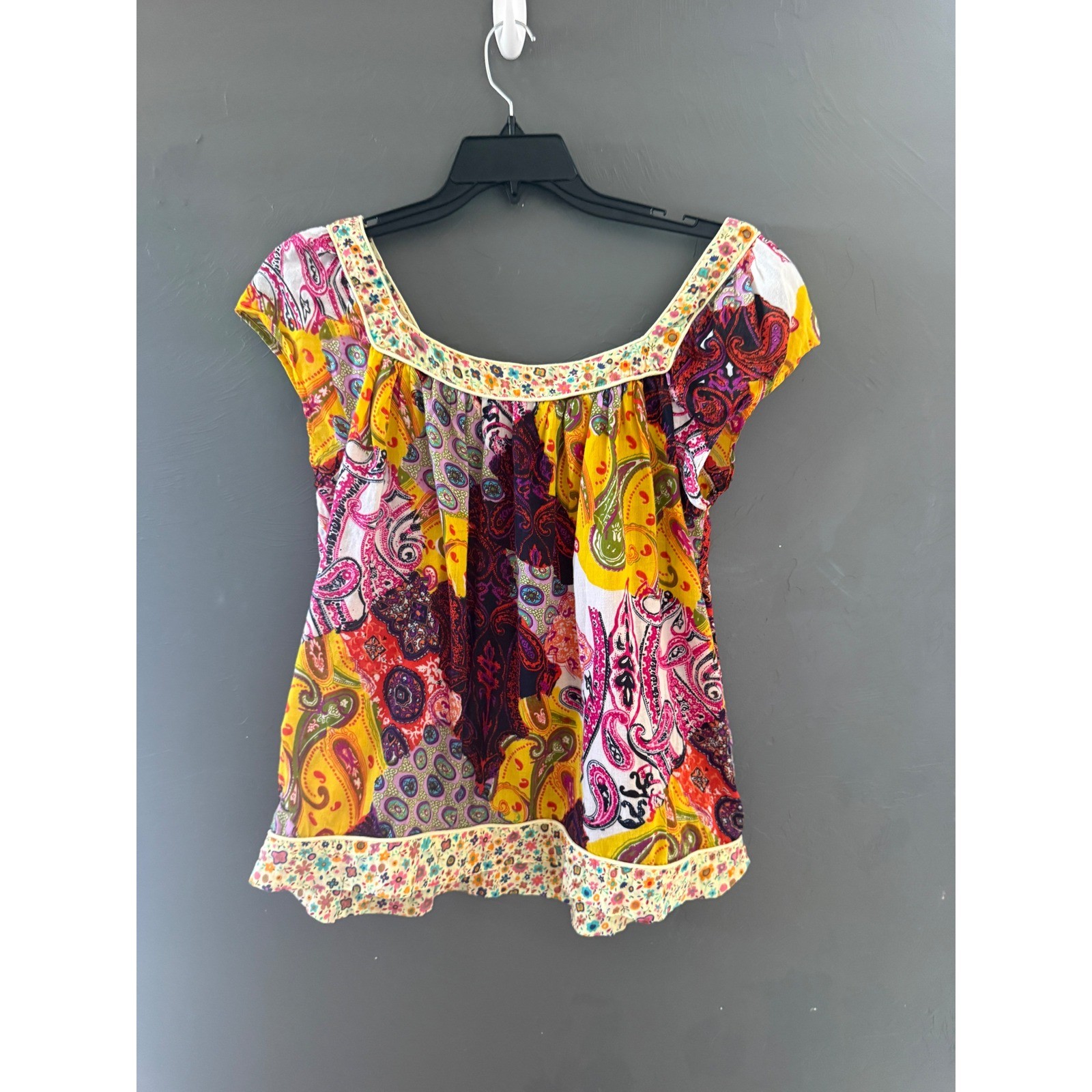 Bohemian Paisley Patchwork Print Square Neck Top Multicolor Short Sleeve Summer